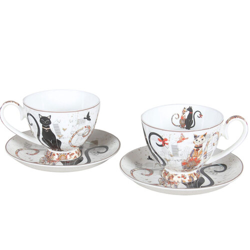Embossed Cat Couple Cup & Saucer Set of 2