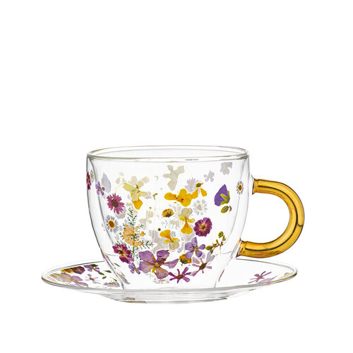 Pressed Flowers Double Walled Glass Cup & Saucer