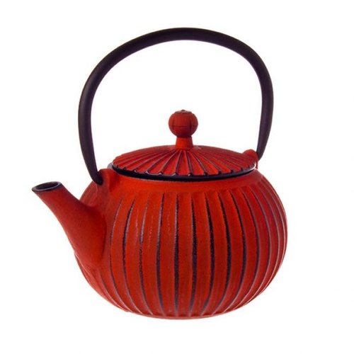 Cast Iron Teapot Ribbed Red
