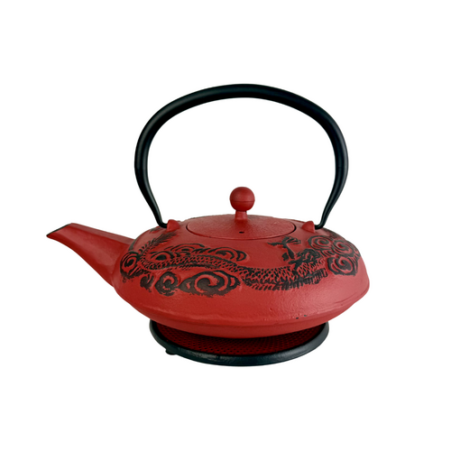 Cast Iron Black Dragon Red Teapot with Trivet