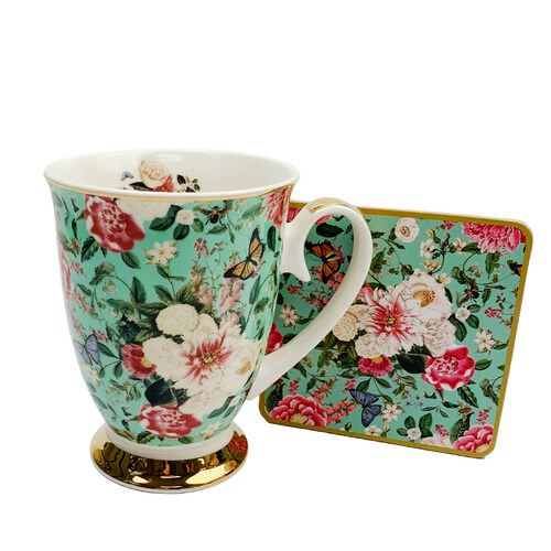 Floral Garden Mug & Coaster Set Mint