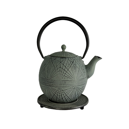 Cast Iron Teapot Grey Laser Line with Trivet