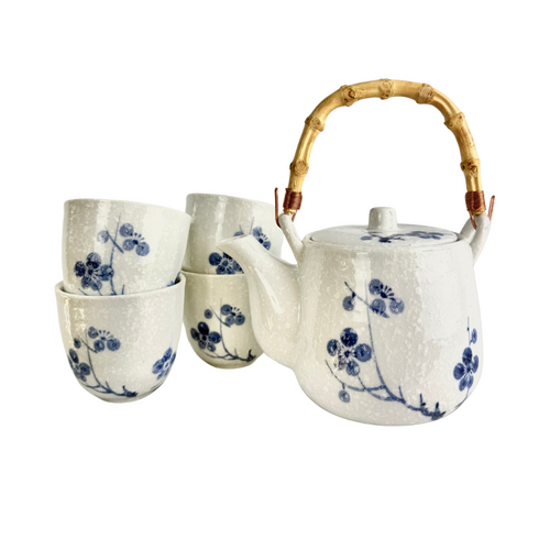 White Blue Flowers 5 Piece Tea Set