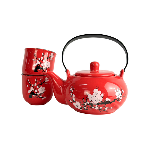 Red with Cherry Blossoms 3 piece Tea Set