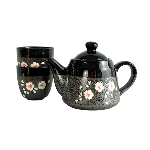 Black with White Flowers 3 Pc Tea Set