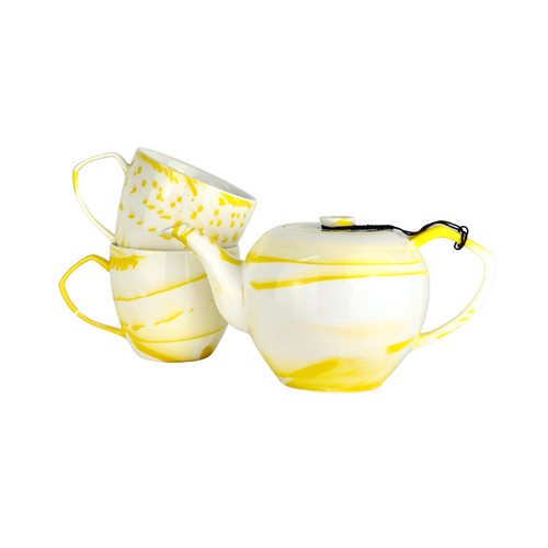 Yellow and White Marbled 3 Piece Tea Set