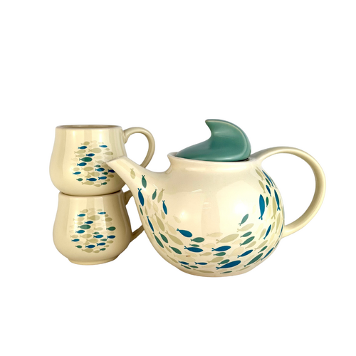 Cream with Fish 3 Piece Tea Set